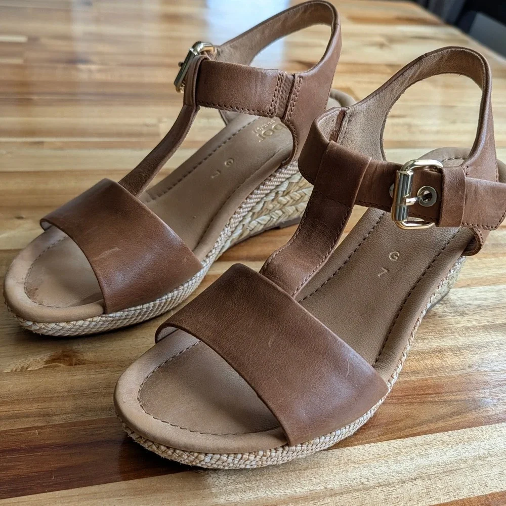 Gabor Comfort Tan Brown Leather T-Strap Espadrille Wedge Sandals US 9 (UK 7)